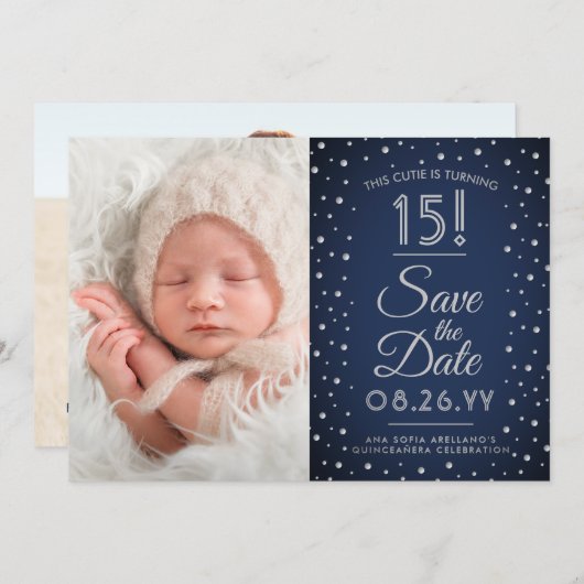 2 Foto van Quinceanera Navy Blue Confetti Sparkle Save The Date (Voorkant / Achterkant)