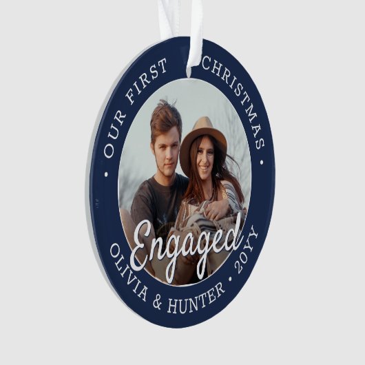 2 Foto Verloving 1e Kerstmis Blauw & Wit Ornament (voorkant)