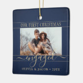 2 Foto Verloving Eerste Kerstmis Blauwe Goud Keramisch Ornament (Links)