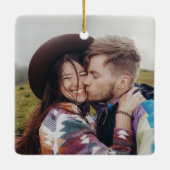 2 Foto Verloving Eerste Kerstmis Blauwe Goud Keramisch Ornament (Achterkant)