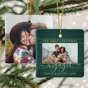 2 Foto Verloving First KerstGreen en Gold Keramisch Ornament