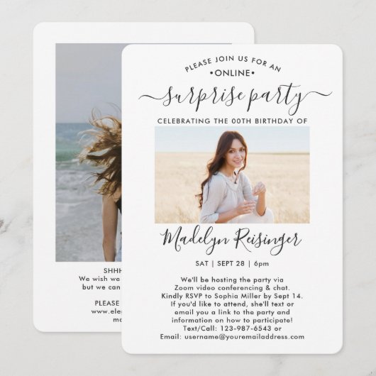 2 Foto Virtual Online Surprise Birthday Party Kaart (Voorkant / Achterkant)