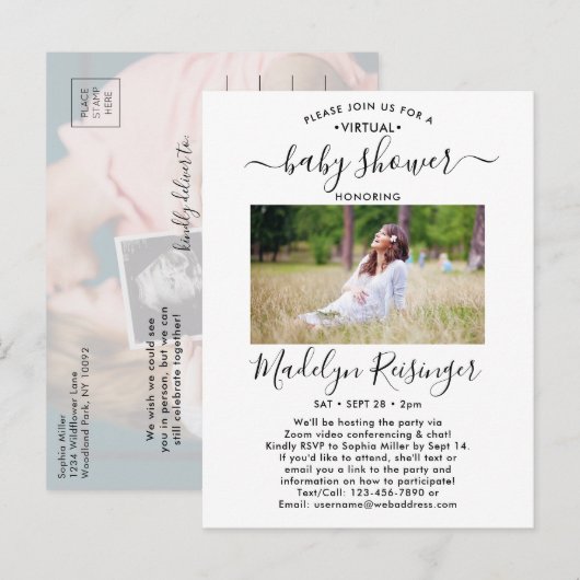 2 Foto virtueel Baby shower door Mail Modern Scrip Uitnodiging Briefkaart (Voorkant / Achterkant)