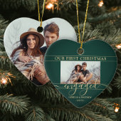 2 Foto voor eerste kerstmis: groen & gouden hart Keramisch Ornament