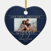 2 Foto voor eerste kerstmis: marine & Gold Heart Keramisch Ornament (Voorkant)