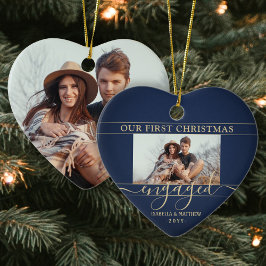 2 Foto voor eerste kerstmis: marine & Gold Heart Keramisch Ornament