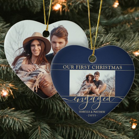 2 Foto voor eerste kerstmis: marine & Gold Heart Keramisch Ornament