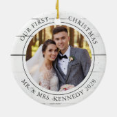 2 Foto voor het eerst met Kerstmis gehuwd wit hout Keramisch Ornament (Achterkant)