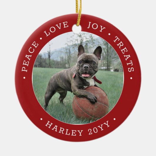 2 Foto Vredesliefhebber behandelt Cute Dog Red & W Keramisch Ornament (Voorkant)