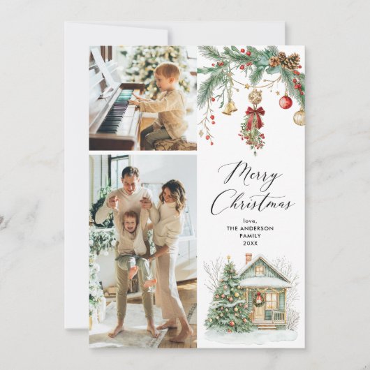 2 Foto Vrolijk Kerstfeest Winter Greenery Foliage Feestdagenkaart (Voorkant)