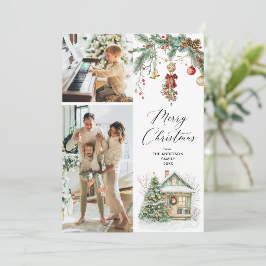 2 Foto Vrolijk Kerstfeest Winter Greenery Foliage Feestdagenkaart (Staand voorkant)