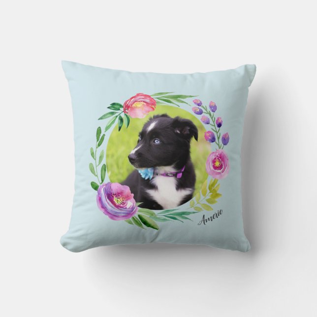 2 Foto Waterverf Floral Wreath Pet | Licht blauw Kussen (Voorkant)
