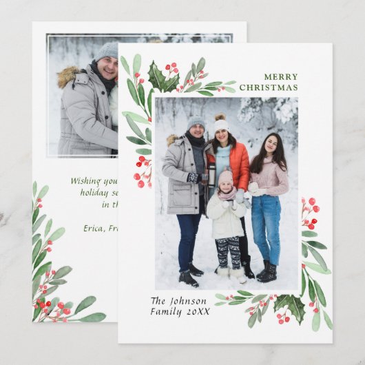 2 FOTO Waterverf Mistletoe Holly Berry Kerstmis Feestdagenkaart (Voorkant / Achterkant)