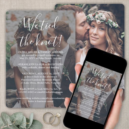 2 Foto We Tied the Knot Trouwreceptie Wit Kaart