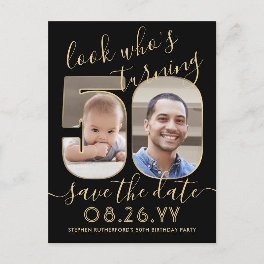 2 Foto: wie is 50-jarige dag sparen de datum goud Aankondigingskaart (Voorkant)