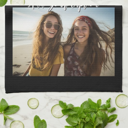 2 Fotocollage met Trendy Script Caption - zwart Theedoek (Gevouwen)