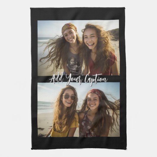 2 Fotocollage met Trendy Script Caption - zwart Theedoek (Verticaal)