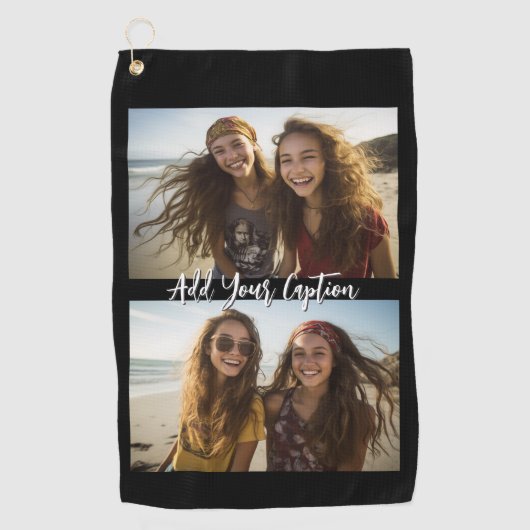 2 Fotocollage met trendy scriptbijschrift - Zwart Golfhanddoek (Voorkant)