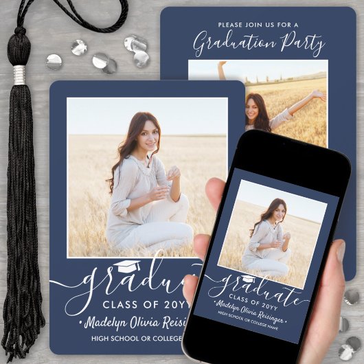 2 Fotogradatiepartij Navy Blue & White Script Kaart