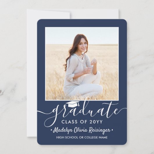 2 Fotogradatiepartij Navy Blue & White Script Kaart (Voorkant)