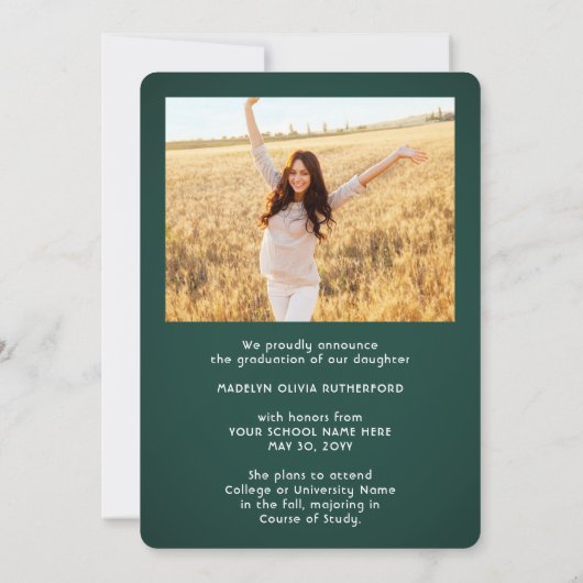 2 Fotoklasse Jaar donkergroen en wit Afstuderen Aankondiging (Achterkant)