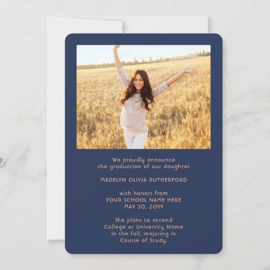 2 Fotoklasse: Navy Blue en Copper Afstuderen Aankondiging (Achterkant)