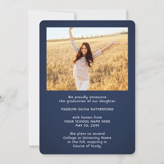 2 Fotoklasse: Navy Blue en White Afstuderen Aankondiging (Achterkant)