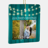 2 Foto's 1e Kerstmis Samen Blauwgroen Parket Licht Keramisch Ornament (Rechts)