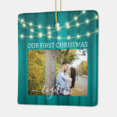 2 Foto's 1e Kerstmis Samen Blauwgroen Parket Licht Keramisch Ornament (Links)