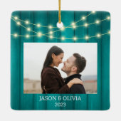 2 Foto's 1e Kerstmis Samen Blauwgroen Parket Licht Keramisch Ornament (Achterkant)