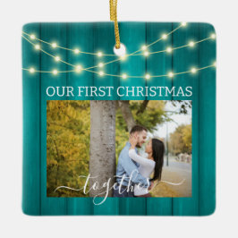 2 Foto's 1e Kerstmis Samen Blauwgroen Parket Licht Keramisch Ornament