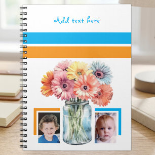 2 foto's aangepaste tekst bloemen blauw oranje notitieboek