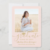 2 Foto's Afstudeerfeest Blush Roze & Gouden Script Kaart (Voorkant)