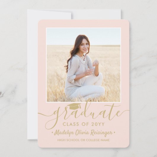 2 Foto's Afstudeerfeest Blush Roze & Gouden Script Kaart (Voorkant)