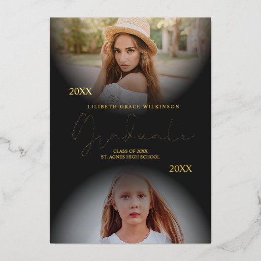 2 Foto's Afstuderen Real Golden Folie Dan en nu Folie Uitnodiging (Voorkant)