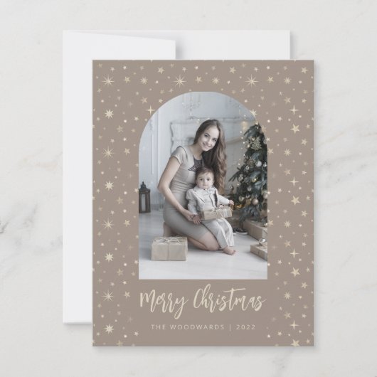 2-foto's-artssterren Merry-kerstbruin Gold Feestdagenkaart (Voorkant)