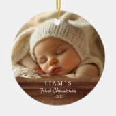 2 Foto's Baby's Eerste Kerstmis - Rustiek Hout Keramisch Ornament (Voorkant)