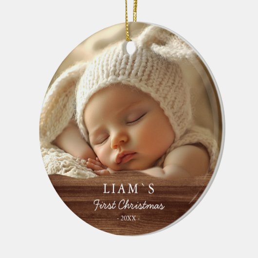 2 Foto's Baby's Eerste Kerstmis - Rustiek Hout Keramisch Ornament (Links)