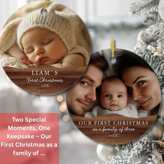 2 Foto's Baby's Eerste Kerstmis - Rustiek Hout Keramisch Ornament