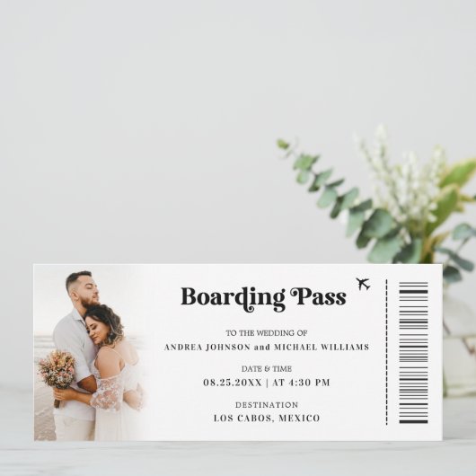 2 Foto's Bestemming Ticket Boarding Pass Bruiloft Kaart (Staand voorkant)