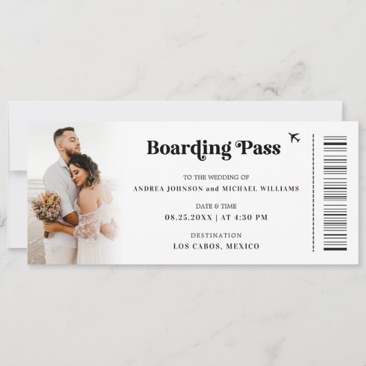 2 Foto's Bestemming Ticket Boarding Pass Bruiloft Kaart (Voorkant)
