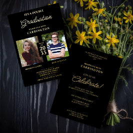 2 foto's dubbele tweeling afstudeer echt goud zwar folie uitnodiging