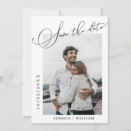 2 Foto's Eenvoudig Elegante Calligrafie Bruiloft Save The Date (Voorkant)