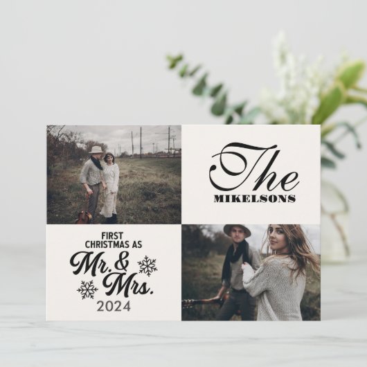 2 foto's Eerste kerst als meneer en mevrouw Feestdagenkaart (Staand voorkant)