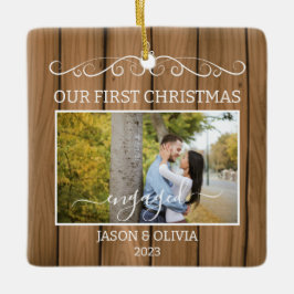 2 foto's Eerste kerst verloofd houtnerf tegels Keramisch Ornament