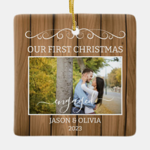 2 foto's Eerste kerst verloofd houtnerf tegels Keramisch Ornament