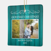 2 Foto's Eerste Kerstmis Betrokken Blauwgroen Hout Keramisch Ornament (Links)