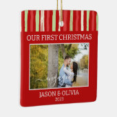 2 foto's Eerste Kerstmis Betrokken Rode Groene Str Keramisch Ornament (Rechts)