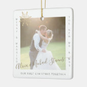 2 foto's Eerste Kerstmis Mr. en Mrs. echtpaar Keramisch Ornament (Links)