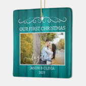 2 foto's Eerste Kerstmis Samen Blauwgroen Houtgraa Keramisch Ornament (Links)